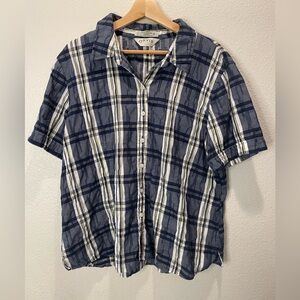 Orvis Navy and White Plaid Short-Sleeve Button-Down Shirt Textured Size 18 Neck